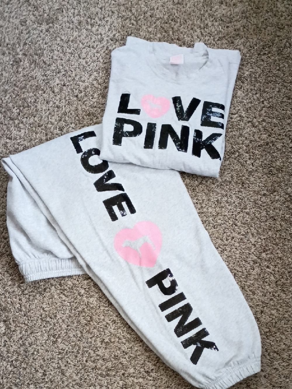 PINK Victoria's Secret Gray Lounge Track Pants & Top with Pink Heart